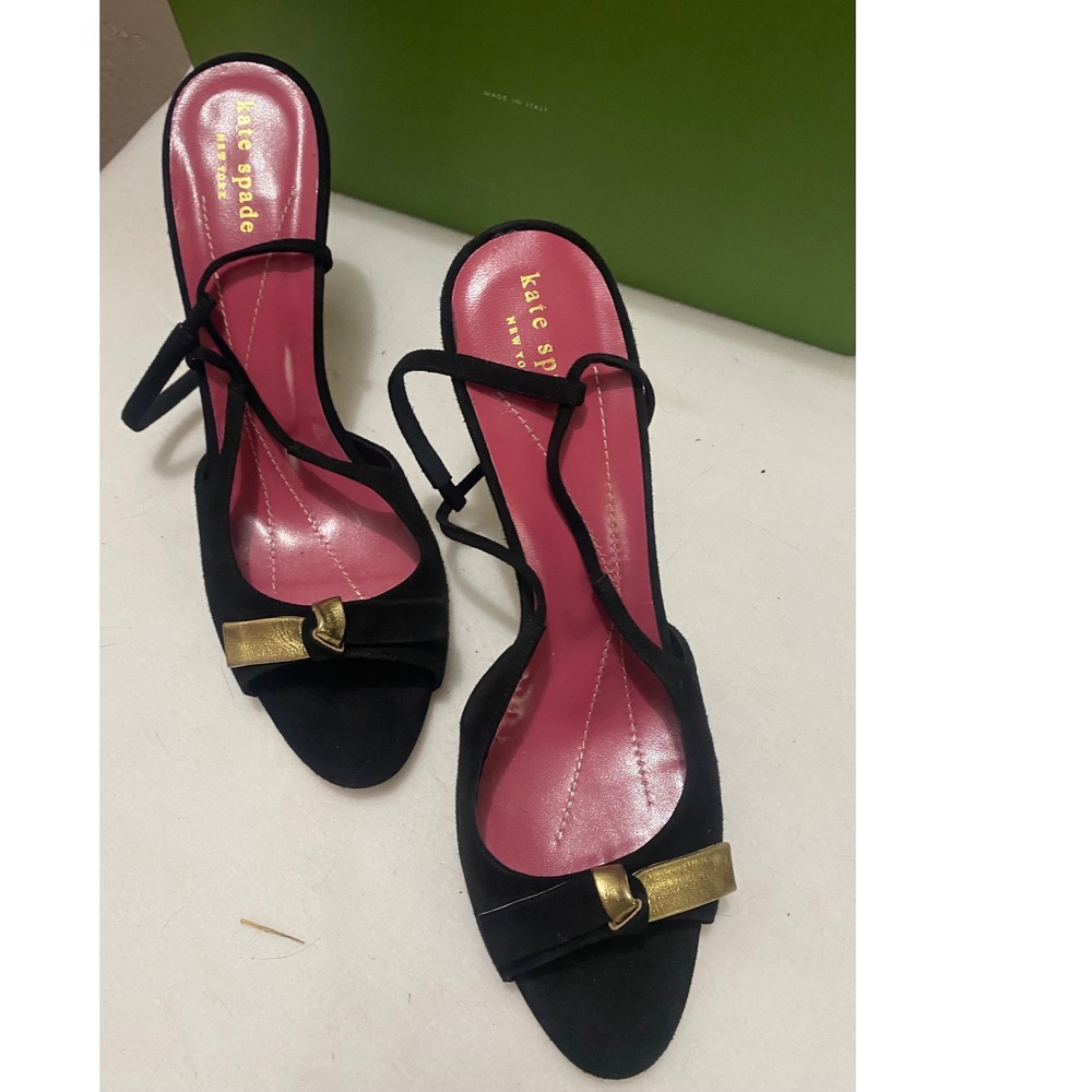 Kate Spade Bow Ankle Strap Sandals Black Suede Gold Toe Heels Womens 9 Italy